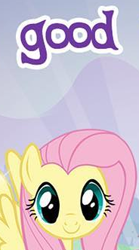 Size: 184x332 | Tagged: safe, gameloft, fluttershy, pegasus, pony, g4, my little pony: magic princess, cropped, english, female, good, looking at you, mare, meme, solo, text, wings, wow! glimmer, younger