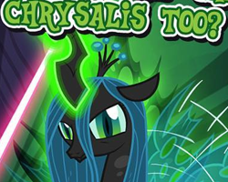 Size: 377x301 | Tagged: safe, gameloft, queen chrysalis, changeling, changeling queen, g4, my little pony: magic princess, cropped, english, female, looking at you, meme, question, question mark, solo, text, unamused, wow! glimmer