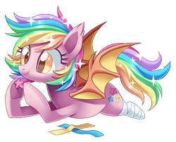 Size: 2422x1955 | Tagged: safe, artist:centchi, oc, oc only, oc:paper stars, bat pony, pony, 2016, amputee, commission, cute, cute little fangs, fangs, female, hoof hold, lying down, mare, multicolored hair, origami, prone, rainbow hair, simple background, smiling, solo, sparkles, sparkly mane, spread wings, transparent background, wings