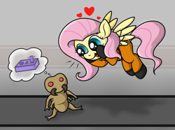 Size: 2601x1936 | Tagged: safe, artist:background basset, fluttershy, alien, pegasus, pony, g4, female, floating, gasp, heart, lethal company, maneater, monster, spread wings, thought bubble, video game, video game crossover, wings