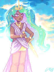 Size: 1536x2048 | Tagged: safe, artist:chaos4cringe, princess celestia, human, g4, alternate hairstyle, blushing, bracelet, clothes, crown, dark skin, dress, ear piercing, earring, female, humanized, jewelry, necklace, outdoors, piercing, regalia, ring, solo, sword, tattoo, weapon