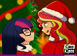 Size: 1500x1093 | Tagged: safe, artist:caoscore, sci-twi, sunset shimmer, twilight sparkle, equestria girls, g4, blushing, breasts, busty sunset shimmer, christmas, christmas tree, clothes, costume, cute, eyes closed, female, hat, height difference, holiday, human coloration, imminent kissing, lesbian, mistletoe, patreon, patreon logo, santa costume, santa hat, shimmerbetes, ship:sci-twishimmer, ship:sunsetsparkle, shipping, tree, twiabetes