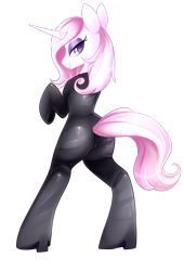 Size: 2020x2968 | Tagged: safe, artist:scarlet-spectrum, fleur-de-lis, pony, unicorn, g4, bipedal, boots, butt, catsuit, clothes, female, high heel boots, horn, latex, latex suit, looking at you, mare, plot, shoes, simple background, smiling, solo, stupid sexy fleur-de-lis, transparent background