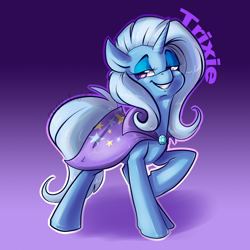 Size: 1300x1300 | Tagged: safe, artist:bluekazenate, trixie, pony, unicorn, g4, cape, clothes, cute, diatrixes, female, gradient background, grin, horn, lidded eyes, mare, outline, raised hoof, smiling, smug, solo, trixie's cape