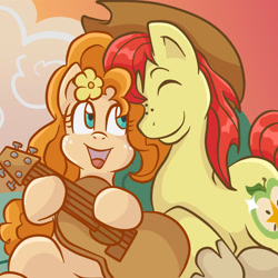 Size: 2000x2000 | Tagged: safe, artist:yoshimarsart, bright mac, pear butter, earth pony, pony, g4, the perfect pear, female, guitar, male, mare, musical instrument, outdoors, ship:brightbutter, shipping, stallion, straight