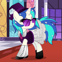 Size: 2449x2449 | Tagged: safe, artist:lostinthetrees, dj pon-3, vinyl scratch, pony, unicorn, g4, alternate hairstyle, clothes, dress, female, flower, gala dress, hat, hooves, horn, indoors, mare, necktie, rose, shoes, smiling, solo, sunglasses, window