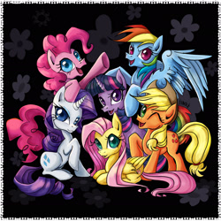 Size: 2449x2449 | Tagged: safe, artist:turonie, applejack, fluttershy, pinkie pie, rainbow dash, rarity, twilight sparkle, earth pony, pegasus, pony, unicorn, g4, abstract background, cute, cutie mark, female, horn, looking at you, mane six, mane six opening poses, mare, one eye closed, open mouth, passepartout, raised hoof, redraw, remake, smiling, unicorn twilight, wink