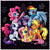 Size: 2449x2449 | Tagged: safe, artist:turonie, applejack, fluttershy, pinkie pie, rainbow dash, rarity, twilight sparkle, earth pony, pegasus, pony, unicorn, g4, abstract background, cute, cutie mark, female, horn, looking at you, mane six, mane six opening poses, mare, one eye closed, open mouth, passepartout, raised hoof, redraw, remake, smiling, unicorn twilight, wink