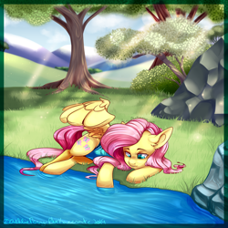 Size: 1300x1300 | Tagged: safe, artist:bluekazenate, fluttershy, pegasus, pony, g4, clothes, crepuscular rays, cute, female, looking at something, looking down, lying down, mare, on side, one wing out, one-piece swimsuit, outdoors, relaxing, river, riverbank, shyabetes, smiling, solo, swimsuit, tree, water, wings