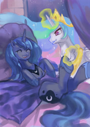 Size: 2059x2912 | Tagged: safe, artist:ravencrooow, princess celestia, princess luna, alicorn, pony, g4, bedroom, crying, eyes closed, feather, female, giggling, hoof tickling, horseshoes, indoors, laughing, magic, royal sisters, siblings, sisters, smiling, tears of joy, tears of laughter, tickling