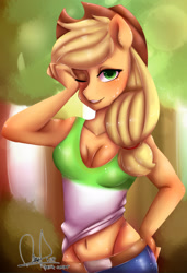 Size: 2028x2957 | Tagged: safe, artist:paintcoloryt, applejack, earth pony, anthro, g4, belly, belly button, belt, blushing, breasts, clothes, female, hand on hip, hat, looking at you, midriff, one eye closed, pants, shirt, signature, smiling, solo, sweat, tree