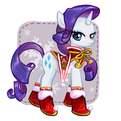 Size: 2067x2067 | Tagged: safe, artist:han_hyui, rarity, pony, unicorn, g4, abstract background, boots, christmas, clothes, cute, female, holiday, horn, looking at you, mare, raribetes, saddle, shoes, snow, snowflake, solo, tack