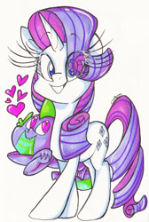 Size: 1565x2324 | Tagged: safe, artist:colorharmonypeeps, rarity, spike, dragon, pony, unicorn, g4, age difference, colored sketch, duo, duo male and female, female, floating, heart, heart eyes, horn, male, mare, ship:sparity, shipping, sketch, straight, traditional art, wingding eyes, wingless spike