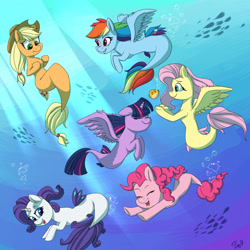 Size: 2000x2000 | Tagged: safe, artist:passigcamel, applejack, fluttershy, pinkie pie, rainbow dash, rarity, twilight sparkle, alicorn, merpony, pony, seapony (g4), g4, my little pony: the movie, bubble, cowboy hat, crepuscular rays, cute, eyes closed, female, fish tail, hat, horn, mane six, mare, ocean, one eye closed, seaponified, seapony applejack, seapony fluttershy, seapony pinkie pie, seapony rainbow dash, seapony rarity, seapony twilight, shoo be doo, signature, smiling, species swap, stetson, sunlight, swimming, tail, twilight sparkle (alicorn), underwater, water, watershy, wings, wink