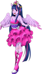 Size: 1582x2779 | Tagged: safe, artist:yuuabyss, twilight sparkle, alicorn, equestria girls, g4, bare shoulders, big crown thingy, clothes, dress, element of magic, fall formal outfits, female, jewelry, ponied up, regalia, sleeveless, solo, strapless, twilight sparkle (alicorn)