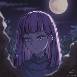 Size: 1000x1000 | Tagged: safe, artist:晓玖cordelia, maud pie, human, equestria girls, g4, clothes, cloud, full moon, moon, night, outdoors, rock, solo, sweater, turtleneck, upper body