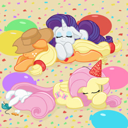 Size: 1500x1500 | Tagged: safe, artist:yoshimarsart, angel bunny, applejack, fluttershy, rarity, earth pony, pegasus, pony, unicorn, g4, cute, female, hat, horn, jackabetes, lesbian, mare, party hat, raribetes, ship:rarijack, shipping, shyabetes, sleepy