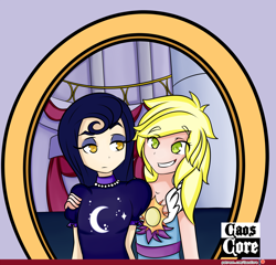 Size: 1500x1442 | Tagged: safe, artist:caoscore, moonlight raven, sunshine smiles, human, canterlot boutique, g4, my little pony: friendship is magic, clothes, dress, female, humanized, indoors, mirror, siblings, sisters