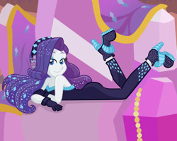 Size: 1500x1200 | Tagged: safe, artist:yoshimarsart, rarity, equestria girls, g4, my little pony equestria girls: better together, the other side, bare shoulders, beautiful, clothes, eyeshadow, female, gloves, headphones, high heels, indoors, lidded eyes, makeup, shoes, sleeveless, solo, strapless, unitard