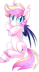 Size: 1812x3310 | Tagged: safe, artist:scarlet-spectrum, oc, oc only, oc:confectionery bliss, bat pony, pony, bat pony oc, bat wings, colored hooves, ear fluff, female, freckles, hooves, looking at you, mare, simple background, sitting, slit pupils, smiling, solo, spread wings, transparent background, underhoof, unshorn fetlocks, wings, wristband