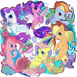 Size: 2000x2000 | Tagged: safe, artist:kumikoponylk, applejack, fluttershy, pinkie pie, rainbow dash, rarity, spike, twilight sparkle, alicorn, earth pony, fish, pegasus, puffer fish, seapony (g4), unicorn, g4, my little pony: the movie, coral, cowboy hat, cute, dorsal fin, female, fin, fin wings, fins, fish tail, flowing mane, flowing tail, hat, horn, jewelry, looking at each other, looking at someone, looking at you, male, mane seven, mane six, necklace, ocean, open mouth, open smile, pearl necklace, scales, seaponified, seapony applejack, seapony fluttershy, seapony pinkie pie, seapony rainbow dash, seapony rarity, seapony twilight, seashell, seaweed, simple background, smiling, smiling at each other, species swap, spike the pufferfish, swimming, tail, transparent background, underwater, water, wings