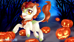 Size: 1920x1080 | Tagged: safe, artist:tokokami, autumn blaze, kirin, pony, g4, sounds of silence, cloven hooves, female, halloween, halloween 2018, holiday, jack-o-lantern, pumpkin, solo