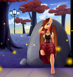 Size: 2387x2512 | Tagged: safe, artist:scarlet-spectrum, oc, oc only, oc:silver veil, bat pony, anthro, unguligrade anthro, anthro oc, bat pony oc, bat wings, breasts, cleavage, clothes, commission, female, grass, mare, outdoors, rock, solo, tree, wings