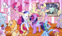 Size: 3193x1878 | Tagged: safe, artist:twily-star, apple bloom, applejack, derpy hooves, dinky hooves, fluttershy, pinkie pie, rainbow dash, rarity, scootaloo, sweetie belle, twilight sparkle, oc, oc:snowdrop, alicorn, earth pony, pegasus, pony, unicorn, g4, ><, christmas, christmas tree, clothes, cloud, cookie, cupcake, cute, cutie mark crusaders, eye clipping through hair, eyes closed, female, filly, foal, food, halo, hat, holiday, horn, mane six, mare, mother and child, mother and daughter, mug, one eye closed, open mouth, santa hat, scarf, siblings, sisters, tree, twilight sparkle (alicorn), wink