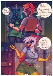 Size: 2126x3081 | Tagged: safe, artist:juxi, gilda, queen chrysalis, oc, oc:kiva, anthro, comic:not really a secret mission, g4, comic, indoors