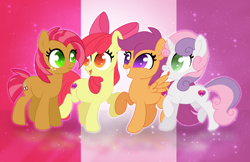 Size: 3045x1970 | Tagged: safe, artist:karzii, apple bloom, babs seed, scootaloo, sweetie belle, earth pony, pegasus, pony, unicorn, g4, colored pupils, cutie mark, cutie mark crusaders, female, filly, foal, horn, smiling, the cmc's cutie marks