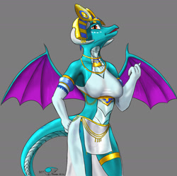 Size: 2124x2116 | Tagged: safe, alternate version, artist:thunderblitz1, princess ember, dragon, anthro, g4, ancient egypt, armpits, breasts, clothes, costume, dragoness, egyptian, egyptian headdress, empress, female, gold, headpiece, jewelry, lizard breasts, multiple variants, princess, scales, solo, tail, wings