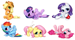 Size: 3000x1599 | Tagged: safe, artist:catmag, angel bunny, applejack, fluttershy, pinkie pie, rainbow dash, rarity, twilight sparkle, alicorn, pony, g4, blushing, chibi, ear blush, female, fire ruby, gem, lying down, mane six, mare, on back, ruby, simple background, transparent background, twilight sparkle (alicorn)