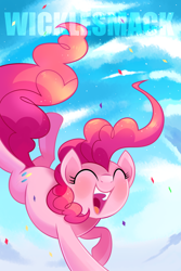 Size: 2000x3000 | Tagged: safe, artist:wicklesmack, pinkie pie, earth pony, pony, g4, confetti, cute, diapinkes, eyes closed, female, mare, open mouth, sky, solo