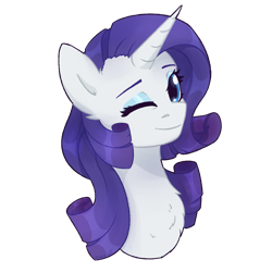 Size: 2449x2449 | Tagged: safe, artist:sinrinf, rarity, pony, unicorn, g4, bust, chest fluff, clothes, cute, female, horn, looking at you, mare, one eye closed, portrait, print, raribetes, shirt, simple background, smiling, solo, t-shirt, transparent background, wink