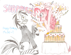 Size: 3297x2550 | Tagged: safe, artist:prismspark, pinkie pie, oc, earth pony, pony, zebra, g4, birthday, birthday cake, cake, clothes, colored pencil drawing, confetti, duo, duo male and female, female, food, glaze, gritted teeth, happy birthday, high res, looking at each other, looking at someone, male, male oc, mare, open mouth, open smile, pinpoint eyes, popping out of a cake, present, raised hoof, simple background, sitting, smiling, surprise cake, surprised, sweater, table, teeth, traditional art, unshorn fetlocks, white background, zebra oc