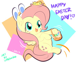 Size: 1280x1024 | Tagged: safe, artist:kumikoponylk, fluttershy, pegasus, pony, g4, basket, blushing, bunny ears, chibi, cute, easter, easter basket, easter egg, female, happy, holiday, shyabetes, solo