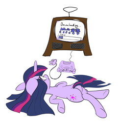 Size: 1261x1288 | Tagged: safe, artist:calmbreezes, twilight sparkle, pony, unicorn, g4, ears back, floppy ears, lying down, mass effect, nintendo 64, on side, simple background, solo, unicorn twilight, video game console, white background