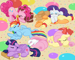 Size: 1500x1200 | Tagged: safe, artist:yoshimarsart, applejack, fluttershy, pinkie pie, rainbow dash, rarity, twilight sparkle, alicorn, pony, g4, balloon, book, cake, cute, dashabetes, diapinkes, female, food, hat, jackabetes, lesbian, lying down, mane six, party hat, prone, raribetes, ship:rarijack, shipping, shyabetes, sleeping, twiabetes, twilight sparkle (alicorn)