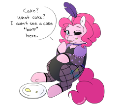 Size: 1556x1335 | Tagged: safe, artist:dalunadeer, pinkie pie, earth pony, pony, g4, blatant lies, chubby, clothes, dish, dress, fat, female, leotard, mare, obese, piggy pie, pudgy pie, puffy sleeves, saloon dress, saloon pinkie, simple background, solo, stuffed, transparent background