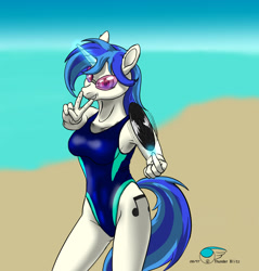 Size: 1528x1596 | Tagged: safe, artist:thunderblitz1, dj pon-3, vinyl scratch, unicorn, anthro, g4, armpits, beach, clothes, female, glasses, horn, multiple variants, one-piece swimsuit, outdoors, peace sign, solo, swimsuit