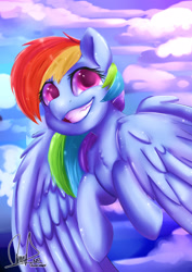 Size: 2059x2912 | Tagged: safe, artist:paintcoloryt, rainbow dash, pegasus, pony, g4, chest fluff, cloud, female, mare, outdoors, sky, smiling, solo