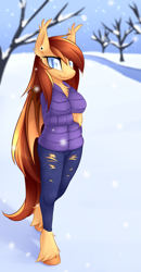 Size: 1768x3390 | Tagged: safe, artist:scarlet-spectrum, part of a set, oc, oc only, oc:silver veil, bat pony, anthro, unguligrade anthro, anthro oc, bat pony oc, clothes, coat, commission, female, looking at you, outdoors, pants, ripped pants, smiling, snow, snowfall, solo, torn clothes, tree, unshorn fetlocks, winter