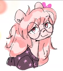 Size: 1357x1537 | Tagged: safe, artist:khvorost162, oc, oc only, oc:krista pebble, earth pony, :3, bow, clothes, cute, female, freckles, glasses, pink mane, shirt, solo, t-shirt