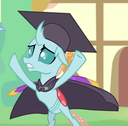 Size: 685x673 | Tagged: safe, screencap, ocellus, changedling, changeling, g4, my little pony: friendship is magic, uprooted, bipedal, cropped, graduation cap, hat, outdoors, solo