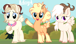 Size: 1280x745 | Tagged: safe, artist:vi45, oc, oc only, goat, goat pony, cloven hooves, female, outdoors, trio, unshorn fetlocks