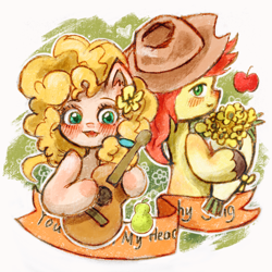 Size: 2048x2048 | Tagged: safe, artist:momo264873, bright mac, pear butter, earth pony, pony, g4, apple, banner, blushing, bouquet of flowers, female, flower, food, guitar, hat, male, mare, musical instrument, outline, passepartout, pear, stallion, text, white outline