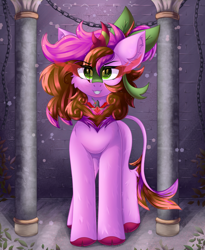 Size: 2700x3300 | Tagged: safe, artist:gaffy, oc, oc only, oc:sharp stem, kirin, alicorn amulet, castle, chains, cheek fluff, column, ear fluff, evil smile, front view, halloween, holiday, indoors, kirin oc, leaves, smiling