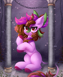 Size: 2700x3300 | Tagged: safe, alternate version, artist:gaffy, oc, oc only, oc:sharp stem, kirin, castle, chains, column, ear fluff, evil smile, eye clipping through hair, female, indoors, kirin oc, leaves, sitting, smiling