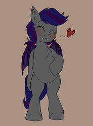 Size: 1729x2346 | Tagged: safe, artist:luxsimx, oc, oc only, oc:firestarter, bat pony, pony, bat pony oc, belly, belly button, bipedal, blushing, cute, eyes closed, fangs, female, floating heart, heart, mare, ocbetes, pregnant, round belly, smiling, solo