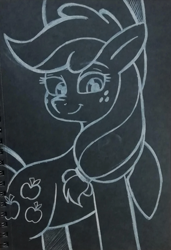 Size: 1231x1800 | Tagged: safe, artist:mashee, applejack, earth pony, pony, g4, applejack day, applejack's hat, black and white, cowboy hat, crayon drawing, full body, grayscale, hat, looking at you, looking down, monochrome, photo, solo, traditional art